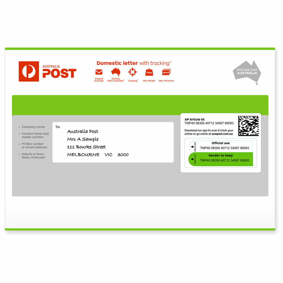 Domestic Letter with Tracking Prepaid Envelope Medium – 100 Pack RRP $632