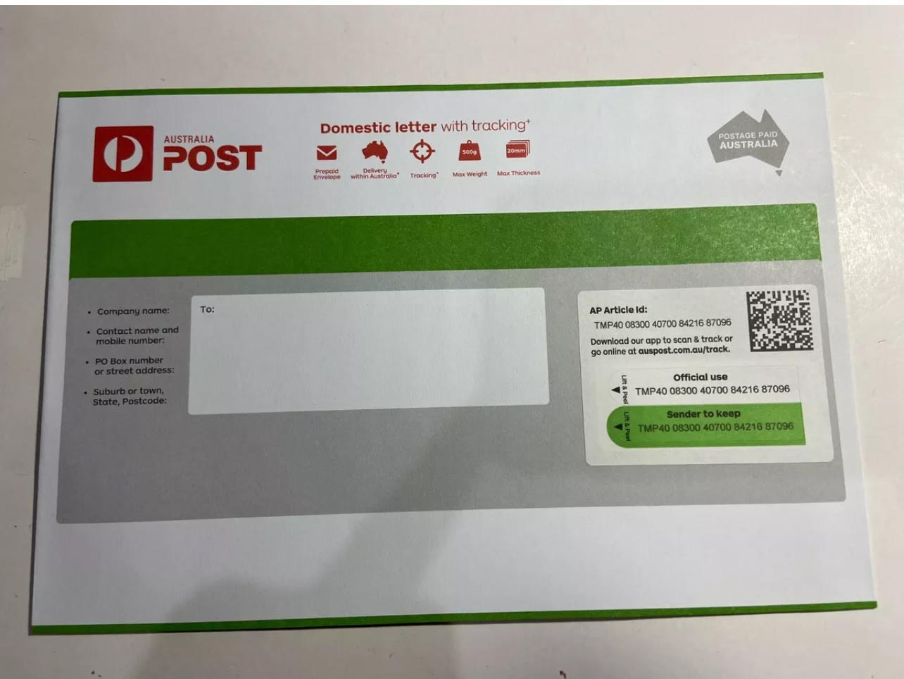 Domestic Letter with Tracking Prepaid Envelope Small – 1000 Pack RRP